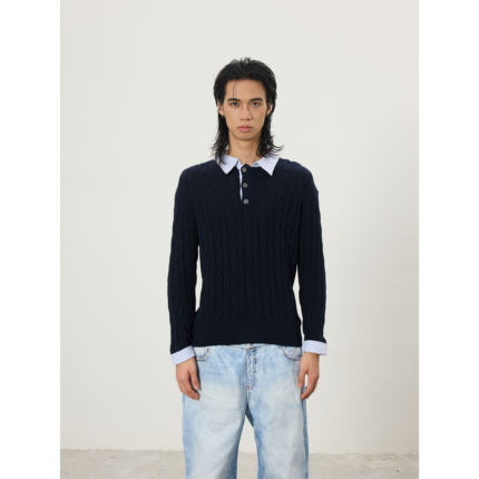 BTSG复古老钱风麻花假两件衬衣领针织衫通勤质感内搭polo衫毛衣男