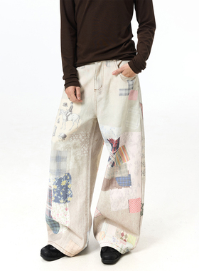 BTSG复古晒干褪色碎布印花廓形弯刀香蕉裤vintage宽松阔腿牛仔裤