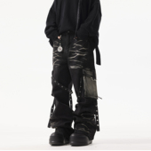 BTSG美式 长裤 复古波纹多口袋绑带牛仔裤 小众设计重工宽松直筒工装