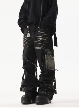 BTSG美式复古波纹多口袋绑带牛仔裤小众设计重工宽松直筒工装长裤