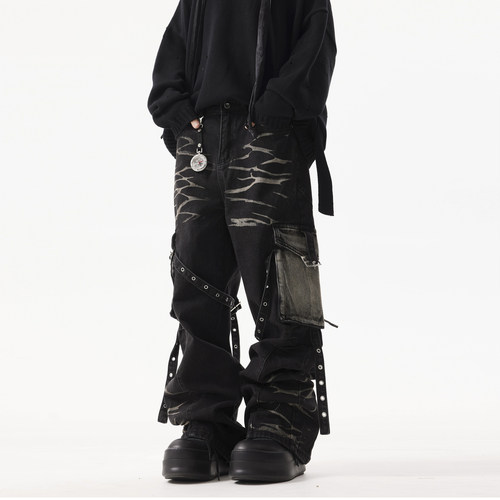 美式复古波纹工装宽松直筒牛仔裤