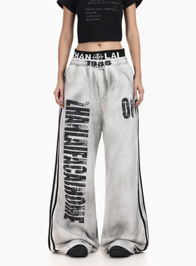 BTSG美式复古双腰头设计水洗脏染加绒卫裤男街头宽松阔腿休闲裤子