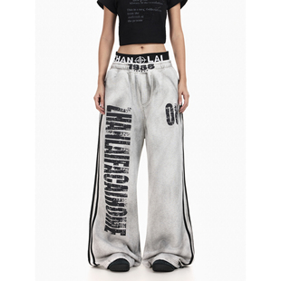 BTSG美式复古双腰头设计水洗脏染加绒卫裤男街头宽松阔腿休闲裤子