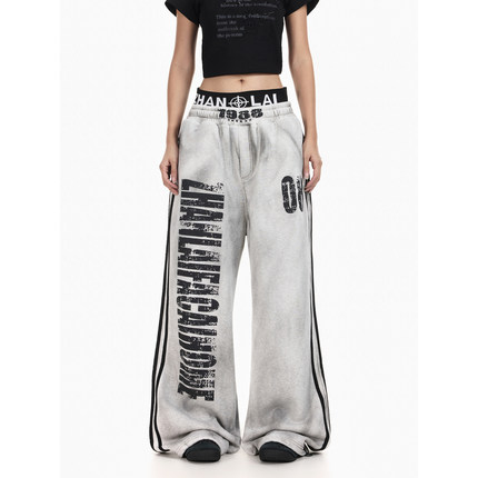 BTSG美式复古双腰头设计水洗脏染加绒卫裤男街头宽松阔腿休闲裤子