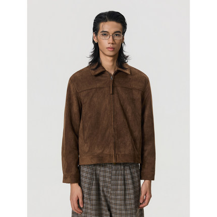 BTSG/美式复古麂皮绒正肩短宽夹克男Cleanfit巴恩风棕色翻领外套