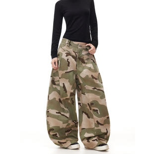 裤 baggy街头阔腿工装 复古廓形打褶前插袋脏感迷彩弯刀裤 BTSG美式