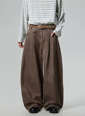 BTSG复古松弛感简约通勤双A打褶阔腿休闲裤重水洗做旧垂感工装裤