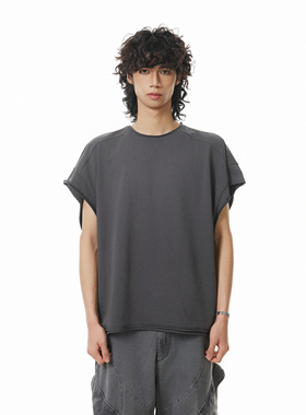 BTSG小众复古水洗做旧坎肩廓形背心美式休闲宽松剪裁纯色无袖T恤