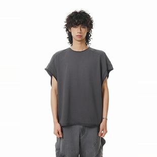 BTSG小众复古水洗做旧坎肩廓形背心美式 T恤 休闲宽松剪裁纯色无袖