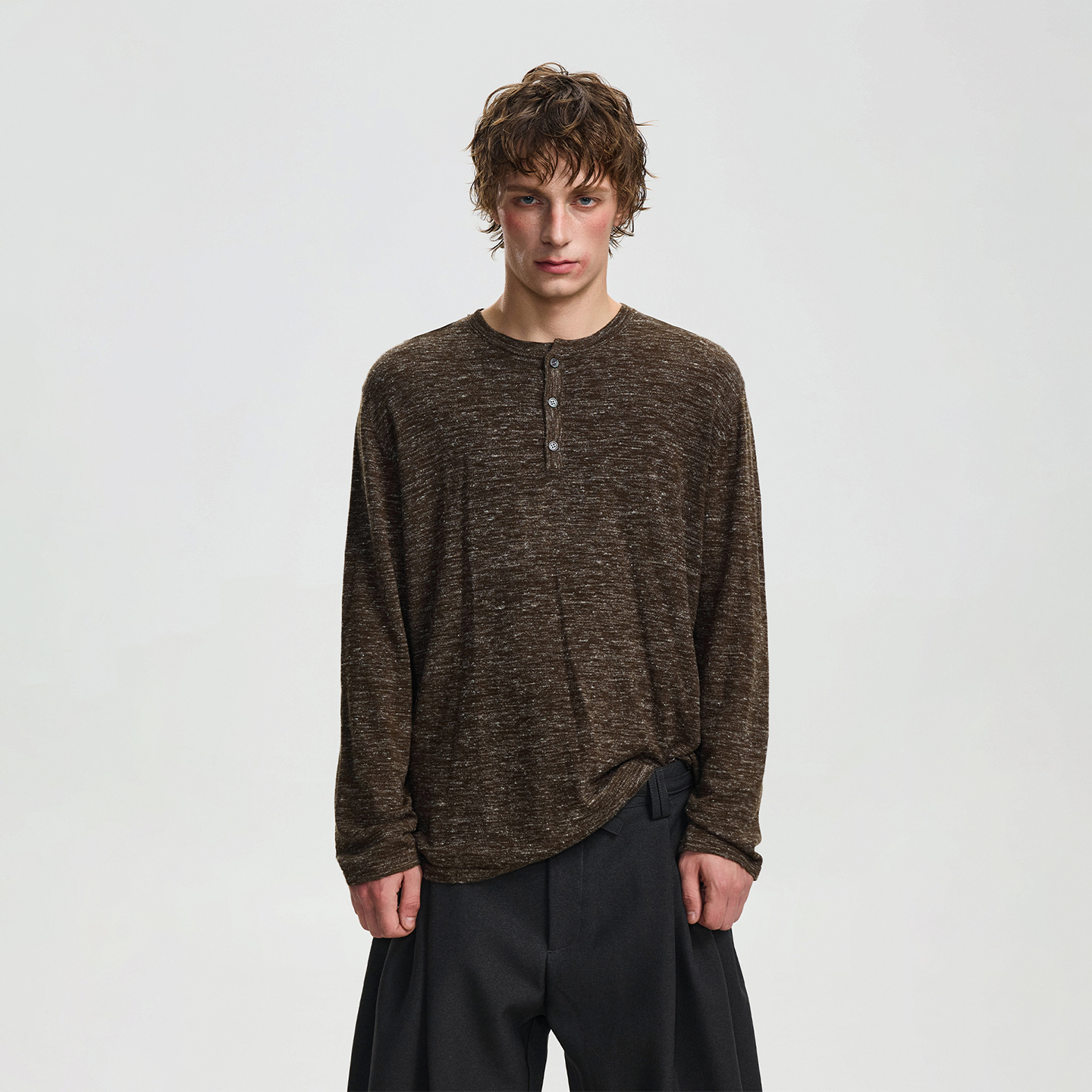 BTSG美式复古亚麻混纺肌理赶亨利领针织衫慵懒松弛感休闲打底长袖