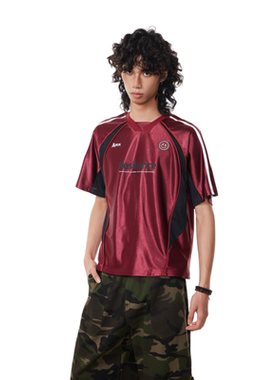 BTSG“亮面插肩撞色运动球衣”美式复古boxy凉感正肩短宽短袖T恤