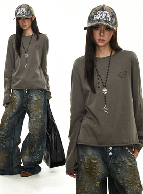 BTSG 斜扣门襟亨利领刺绣深灰色长袖T恤小众轻亚朋克堆堆袖打底衫