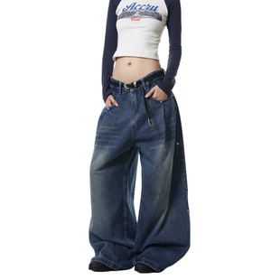 复古baggy宽松阔腿弯刀裤 美式 男 水洗做旧铆钉垂感牛仔裤 BTSG