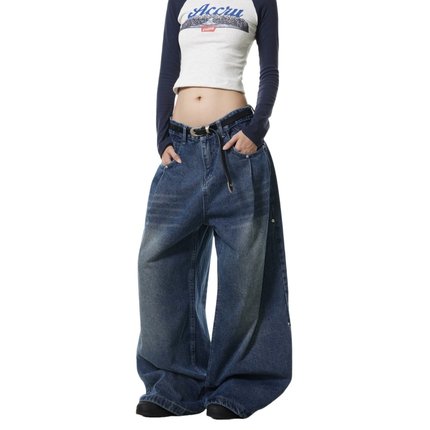 BTSG“水洗做旧铆钉垂感牛仔裤”美式复古baggy宽松阔腿弯刀裤男