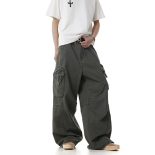 复古Cargo宽松直筒休闲裤 美式 裤 BTSG水洗立体多口袋baggy阔腿工装