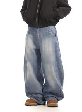 BTSG国潮小众解构设计感弯刀牛仔裤美式复古水洗宽松直筒休闲长裤