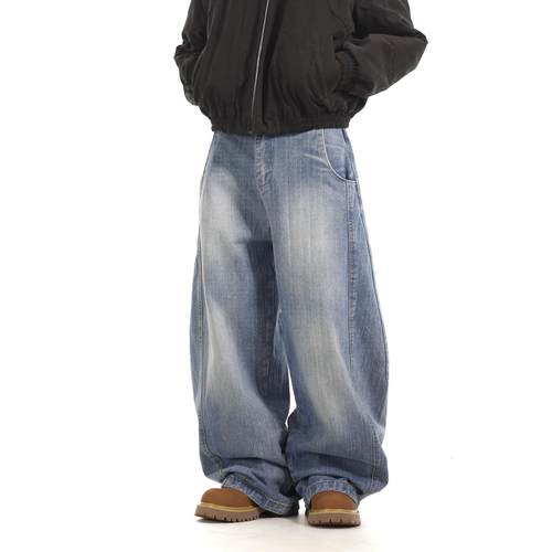 BTSG国潮小众解构设计感弯刀牛仔裤美式复古水洗宽松直筒休闲长裤