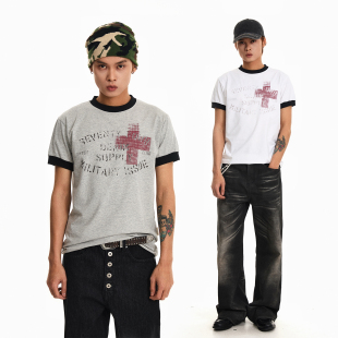 美式 版 复古十字架印花撞色短袖 正肩修身 型tee潮 T恤boxy短款 BTSG