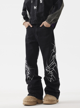BTSG复古洗水荆棘刺绣微喇牛仔裤黑色美式嘻哈街头VIBE宽松长裤男