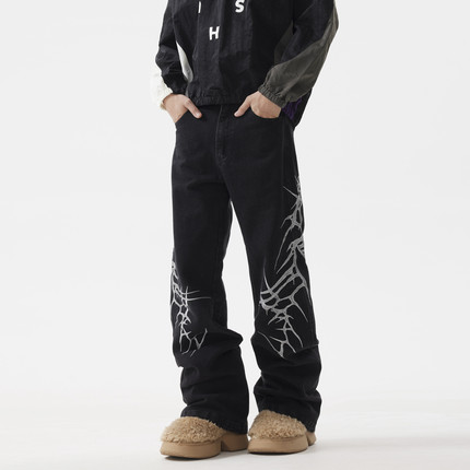 BTSG小众复古洗水荆棘刺绣微喇牛仔裤美式嘻哈街头VIBE宽松长裤男