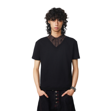 BTSG巴恩风假两件格纹V领正肩短宽翻领衬衫T恤美式复古拼接短袖男