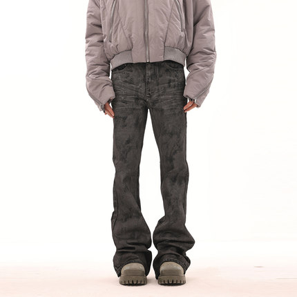 BTSG美式复古小众VIBE水洗刷胶闪粉涂蜡破坏宽松微喇拖地牛仔裤潮