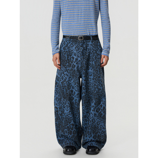 baggy街头宽松阔腿休闲长裤 复古蓝色豹纹廓形解构弯刀裤 美式 BTSG