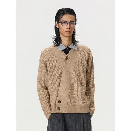 BTSG/复古绞花肌理感V领道袍针织衫Cleanfit松弛感开衫毛衣外套男