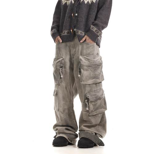 BTSG美式复古废土风做旧脏染多口袋牛仔裤小众宽松直筒阔腿工装裤