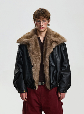 BTSG美式复古翻毛领皮衣座山雕外套男Cleanfit高级感廓形立领棉服