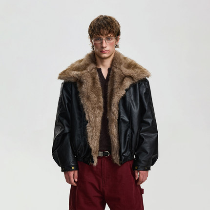 BTSG美式复古翻毛领皮衣座山雕外套男Cleanfit高级感廓形立领棉服