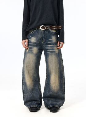 BTSG美式复古水洗泛黄做旧竹节纹弯刀裤Cleanfit通勤微喇阔腿裤子