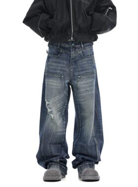 BTSG美式复古洗水波纹伐木绿松石牛仔裤baggy潮牌阔腿工装休闲裤