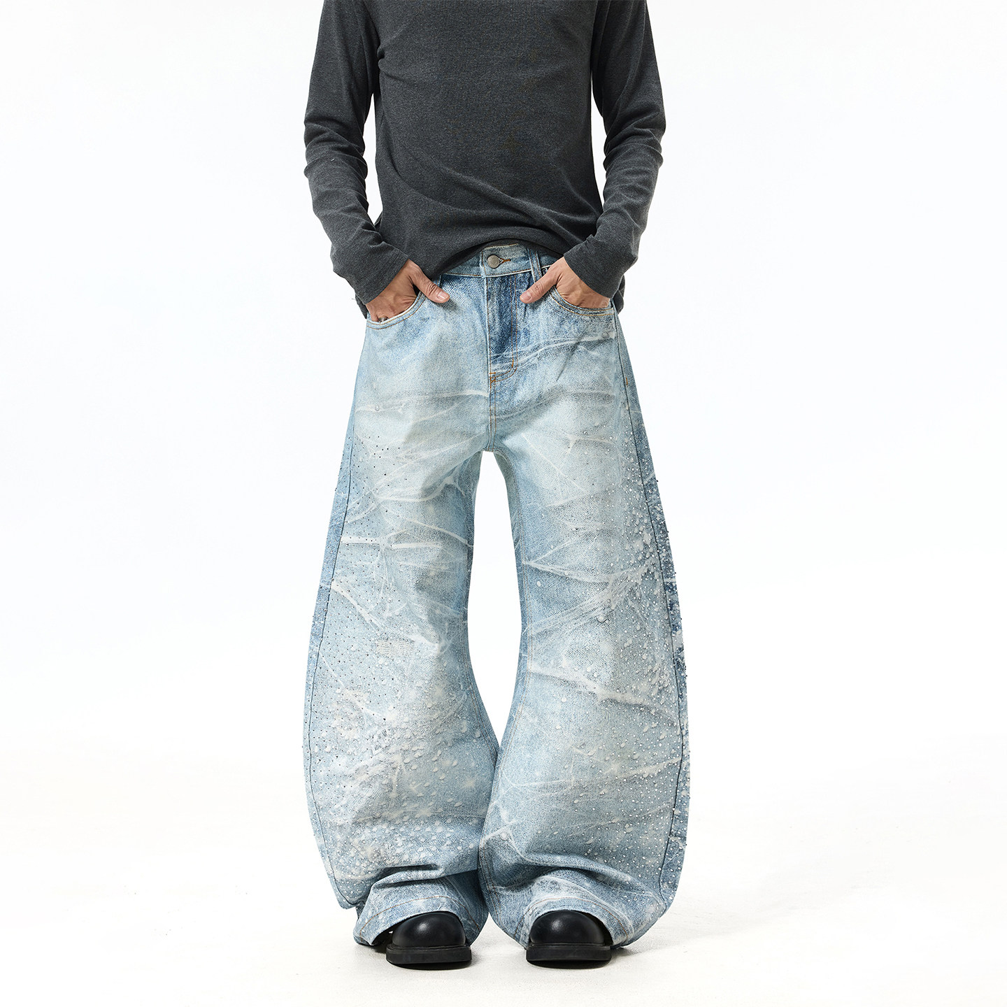 BTSG复古3D打印烫钻泼墨星光水洗猫须牛仔裤美式廓形阔腿弯刀裤男,男装,牛仔裤,淘宝优惠券,粉丝福利购,淘宝优惠卷