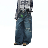 baggy街头阔腿牛仔裤 BTSG小众复古水洗做旧涂鸦印花弯刀裤 美式 男