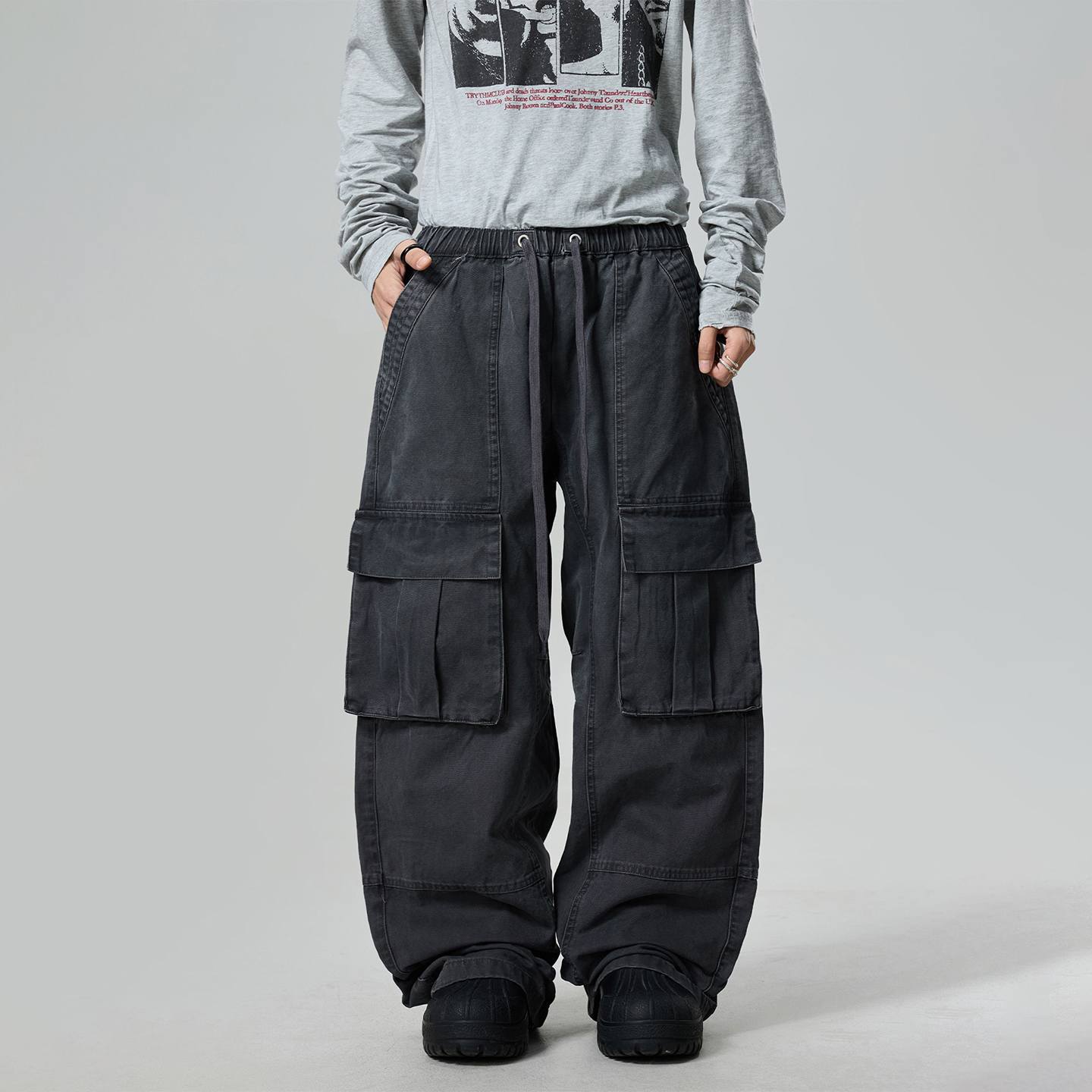 美式复古口袋松紧抽绳水洗工装裤