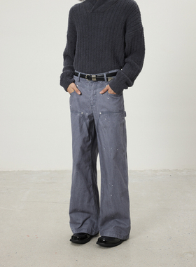 BTSG法工蓝洗褪做旧拼接A字型伐工裤Cleanfit泼墨宽松阔腿工装裤