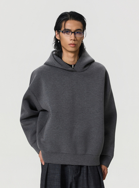 BTSG/高级感重磅空气层纯色套头帽衫美式boxy宽松灰色连帽卫衣男