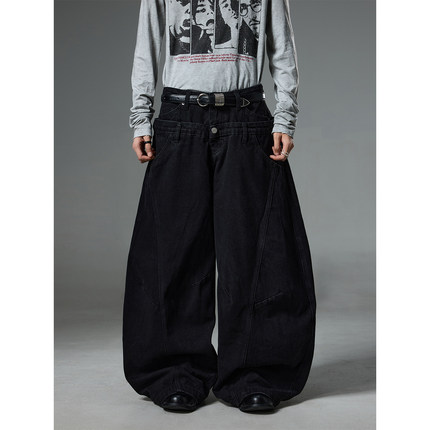 BTSG美式复古baggy双腰头拼接豹纹涂鸦印花宽松阔腿拖地牛仔裤男