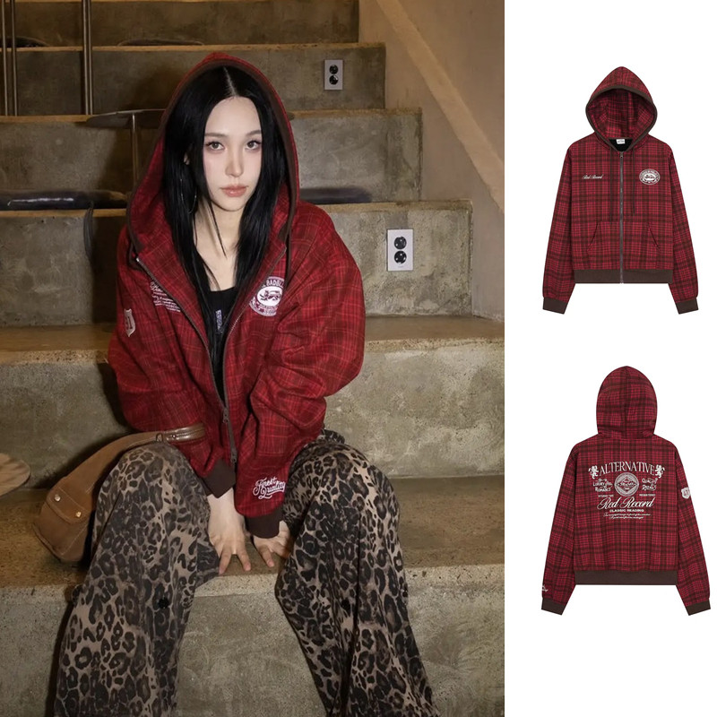 UNXU潮牌美式复古红色格纹连帽卫衣外套女街头宽松慵懒风拉链开衫