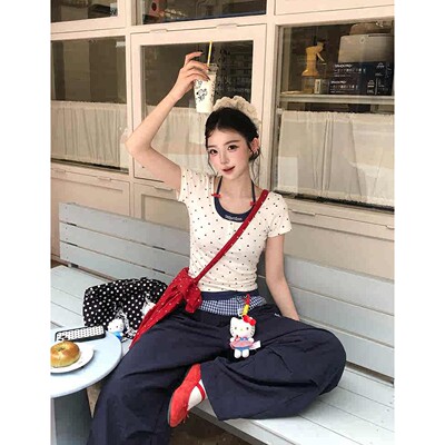 UNXU波点刺绣假两件阔腿裤套装
