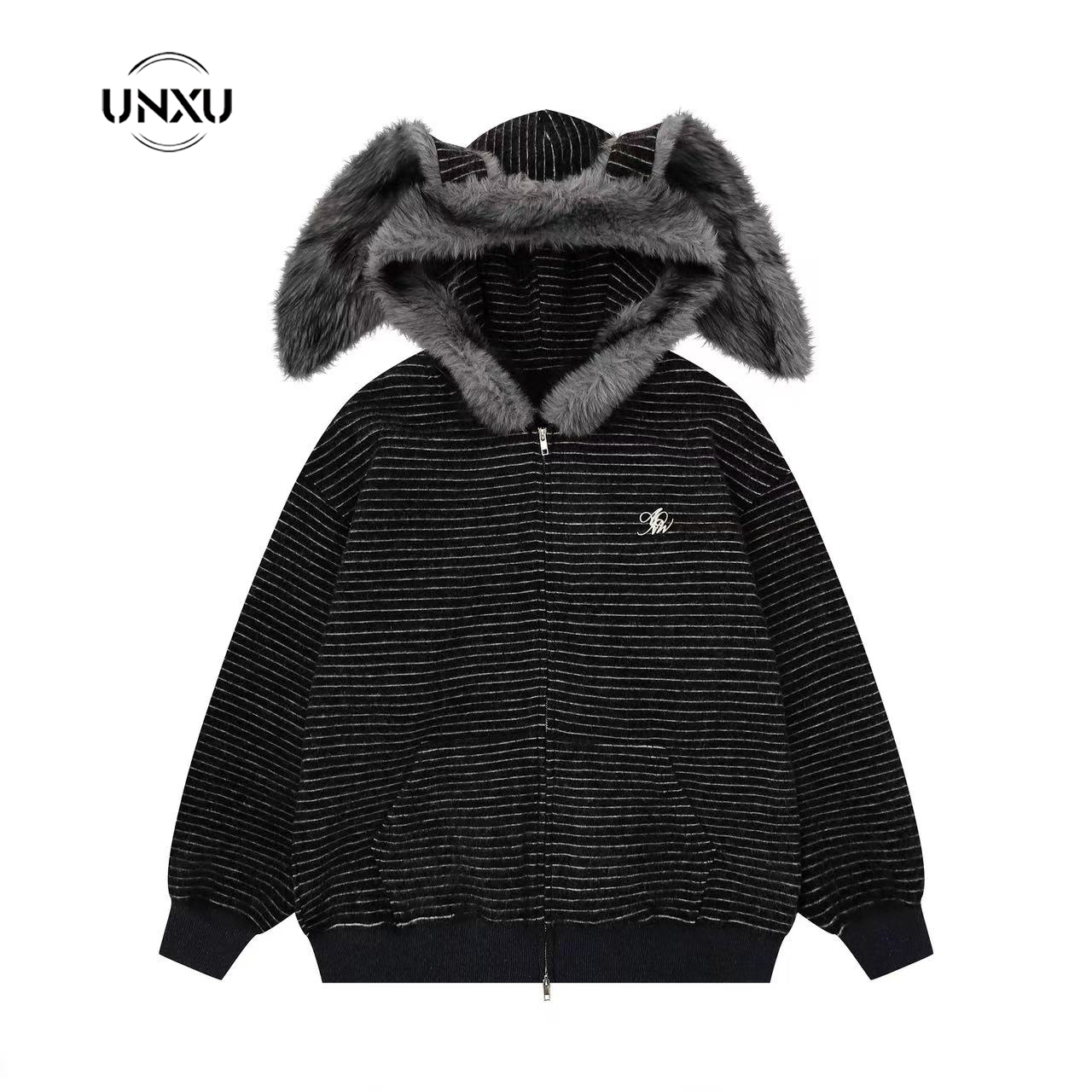 UNXU潮牌情侣毛领条纹兔耳朵连帽开衫卫衣男女秋冬季加绒保暖外套