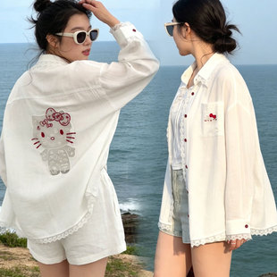 UNXU韩版潮流KT猫刺绣衬衫外套蕾丝花边设计开衫长袖防嗮衣女夏季
