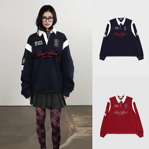 徐璐明星同款美式复古拼接POLO衫