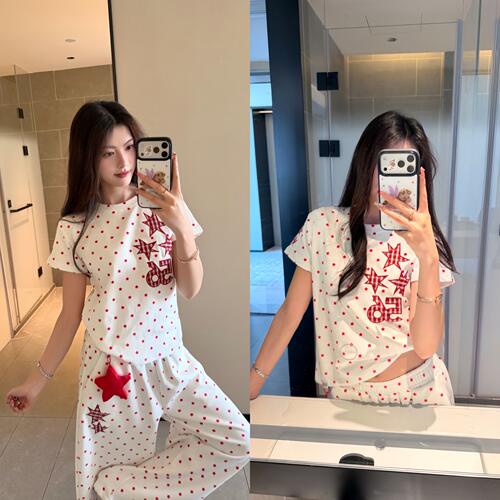 UNXU潮牌日系星星满印正肩显瘦短袖T恤夏季宽松直筒休闲裤套装女