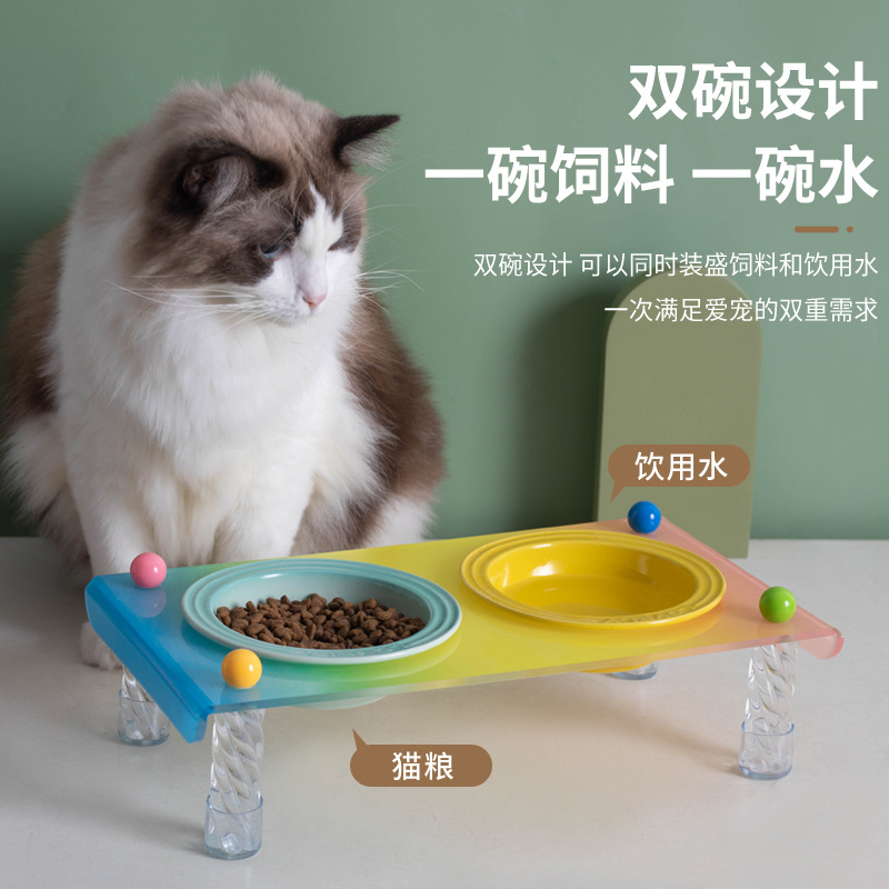 猫碗陶瓷飞碟亚克力猫咪碗狗碗双碗防打翻粮碗宠物饮水喂食碗架子