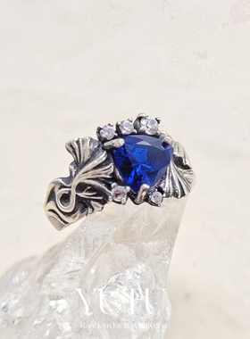 YUTU原创设计S925银做旧银杏叶戒指镶嵌培育蓝宝石时尚简约百搭