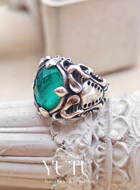 YUTU 原创设计S925银镶人造帕拉伊巴色宝石戒指轻奢时尚个性气质