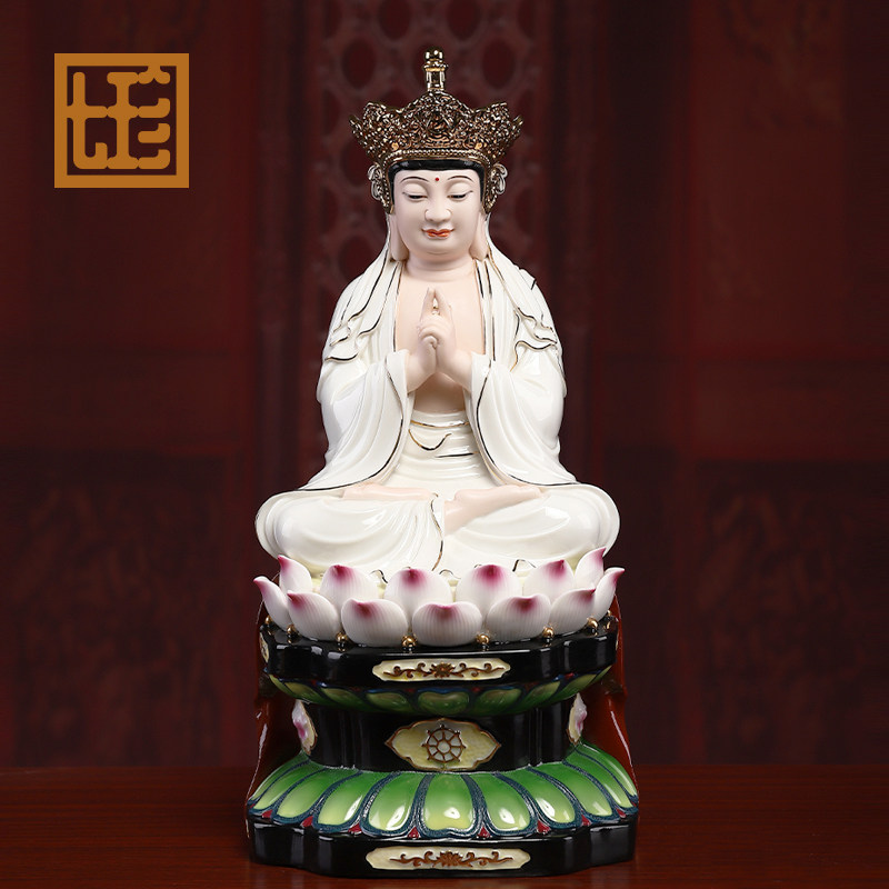 七珍 陶瓷华藏三圣彩绘毗卢遮那佛如来文殊普贤佛像家用供奉摆件