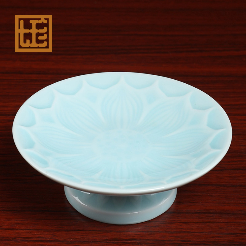 七珍陶瓷小号莲瓣高足糖果盘天青水果盘佛前干果供奉供具供佛供盘